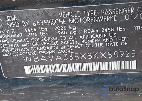 2008 BMW 328I z USA, uszkodzony, nr VIN WBAVA335X8KX88925